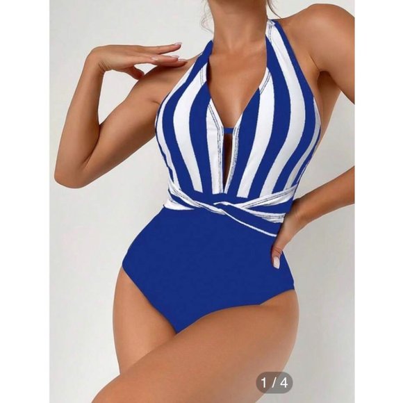 NEW Striped Halter One Piece Swimsuit S - Picture 1 of 4